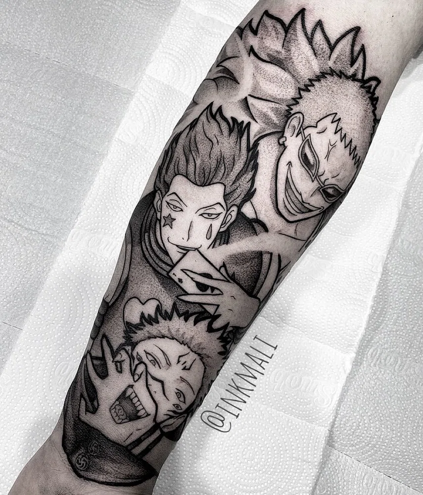 Tatuagem de 3 personagens de Jujutsu Kaisen por Ink Mali.